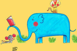 Ein gemalter blauer Elefant ließt einer gemalten kleinen Maus ein einer Katze aus einem Buch vor