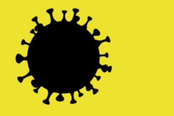 Symbolbild: Corona-Virus, ganz schwarz hinterlegt, auf gelbem Grund
