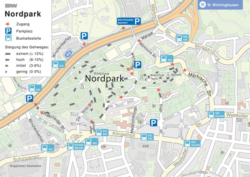 Die Karte zeigt die Wege zum und im Nordpark mit Parkplätzen und Buslinien