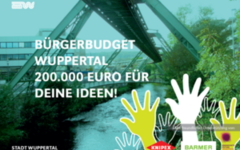 Das logo des Bürgerbudgets zeigt die Wupper mit Schwebebahn und hochgereckte stilisierte Hände