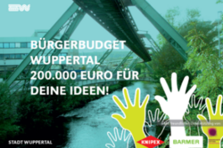 Das logo des Bürgerbudgets zeigt die Wupper mit Schwebebahn und hochgereckte stilisierte Hände