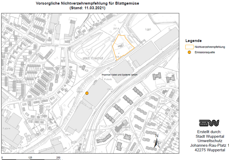 Die Nichtverzehrepmfehlung in Nachbarschaft der Firma Prysmian in Ronsdorf ist in einer Karte eingemalt