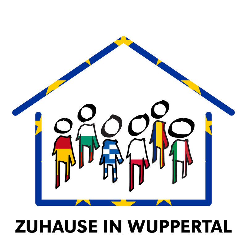 Das Logo von "Zuhaue in Wuppertal" zeigt ein gemaltes Haus mit bunten Menschen darin
