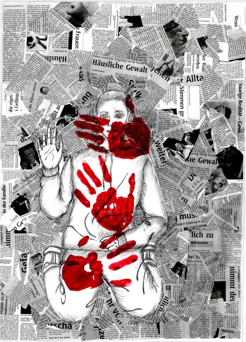 Das Plakat zeigt eine Collage aus Zeitungsausschnitten, die Gestalt einer Frau und rote Händeabdrücke