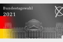 Logo der Bundestagswahl 2021, die Silhouette des Reichstages mit angedeuteter deutscher Fahne