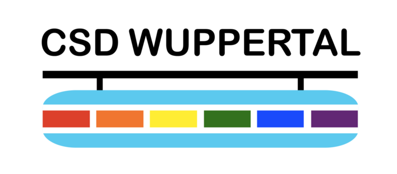 Das Logo des CSD zeigt eine stilisierte Schwebebahn mit Regenbogen-Fenstern