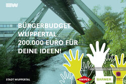 Das Logo des Bürgerbudgets zeigt die Schwebebahn über der Wupper und stilisierte Hände