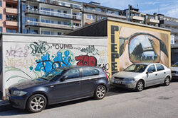 Graffitto des Künstlers Martin Heuwold an einer Wand am Schöneberger Ufer
