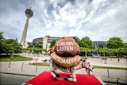 Ein Esel trägt schwere Säcke. Auf den Säcken steht "Corona-Lasten" "Altschulden" und auf dem Esel steht "Kommunen"