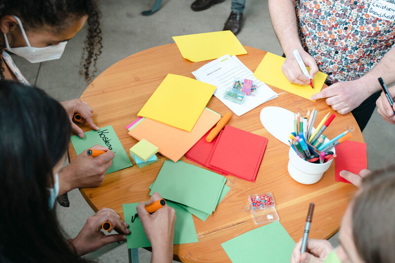 Teilnehmer des Workshops Smart City Wuppertal stehen um einen runden Tisch mit bunten Karten und Stiften