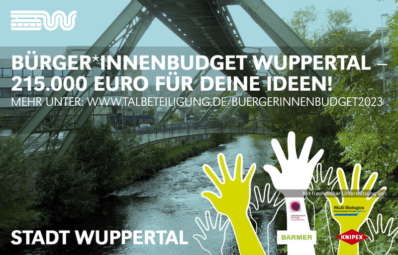 Grafik der Bürgerbeteiligung mit einem Bild der Wupper unter der Schwebebahn und dem Schriftzug 215000 Euro für deine Ideen