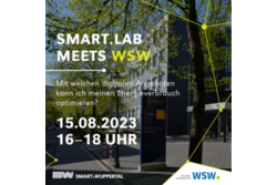 Plakat wirbt für Veranstaltung "Smart.lab meets WSW", im Hintergrund ist die WSW-Zentrale zu sehen.