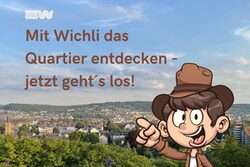 Abbildung von Wichli, einem gezeichneten Männchen mit Hut, der auf ein Luftbild des Quartiers Wichlinghausen zeigt