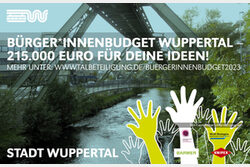 Das Logo des Bürgerinnenbudgets zeigt ein Foto des Schwebebahngerüstes und stilisierte Hände