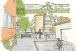Eine Entwurfszeichnung der Brücke Pfälzer Steg, die jetzt montiert wird