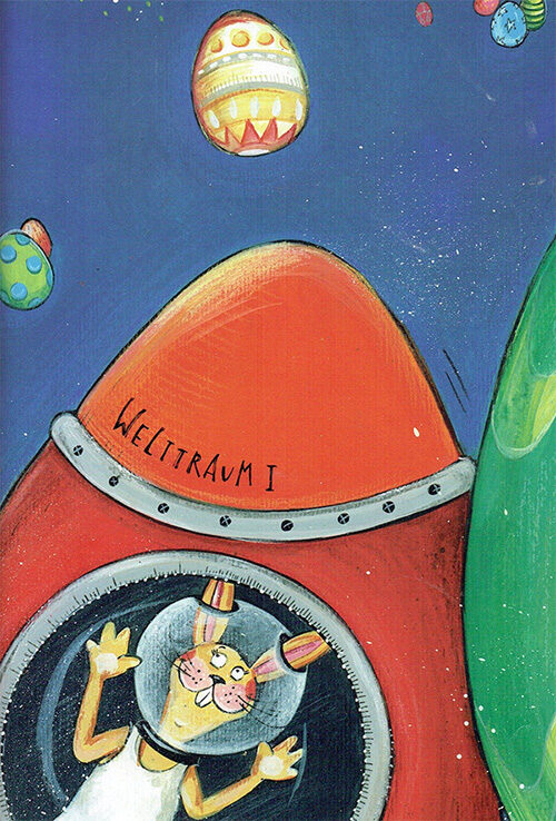 Kinderbuchzeichnung mit einem Hasen in einer roten Rakete und im Weltraum fliegende Ostereier.