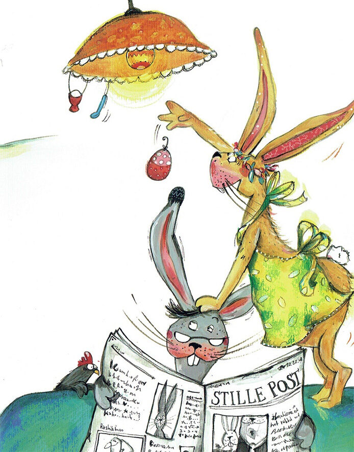 Bilderbuchzeichnung mit zwei Hasen, die Ostereier an die Deckenlampe hängen.