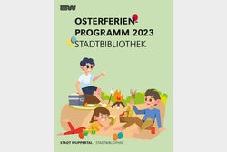 Plakat zum Osterferienprogramm in der Stadtbibliothek, das eine Zeichnung mit Kindern beim Lesen und Spielen zeigt