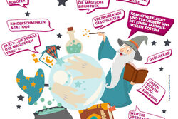 Ein Plakat mit Zauberer, Kristallkugel, Zauberhut und Kessel wirbt für den Familientag