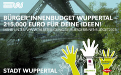 Das Logo des Bürger*innenbudgets zeigt das Schwebebahngerüst über der Wupper und stilisierte Häne