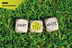 Plakat zum Projekt. Zu sehen sind drei Würfel im grünen Gras, darauf zu lesen "Smart Waste" und ein Piktogramm, das drei Blätter im Kreislauf zeigt.