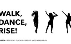 Postkarte, die tanzende Figuren darstellt. Daneben der Schriftzug: "Walk, Dance, Rise!"