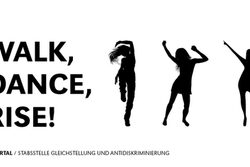 Postkarte, die tanzende Figuren darstellt. Daneben der Schriftzug: "Walk, Dance, Rise!"