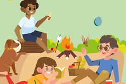 Cover des Osterferienprogramms der Stadtbibliothek mit spielenden und lesenden Kindern