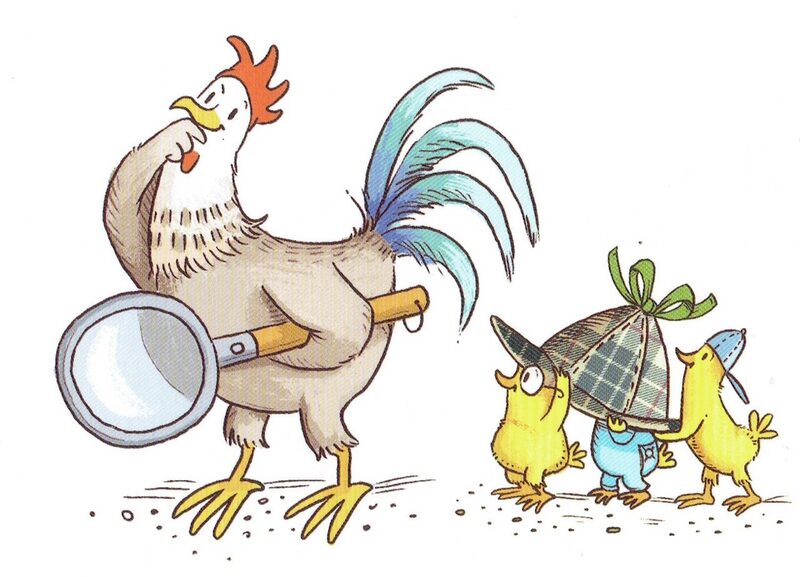 Ein Huhn, welches eine Lupe hält. Hinter ihm stehen drei Küken, die eine Kappe tragen