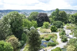 Blick von oben auf den Botanischen Garten, Bäume, Beete, Wege und Teich