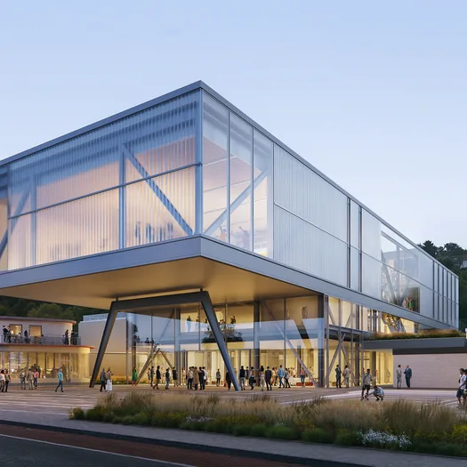 Die Animation zeigt den Neubau mit überkragendem Obergeschoss