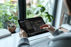 Eine Person betrachtet eine Karte des Geodatenportals auf einem Tablet.