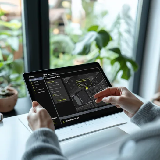 Eine Person betrachtet eine Karte des Geodatenportals auf einem Tablet.