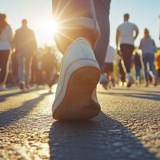 Closeup, shoes and group in street, walking and sunshine with lens flare, cooperation and protest