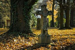 Ein Steinkreuz auf einem herbstlichen Friedhof
