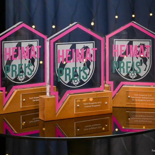 Drei Heimat-Preis-Trophäen nebeneinander.