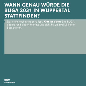 Grafik mit petrolfarbenem Hintergrund, im Vordergrund steht mit weißer Schrift: Wann genau würde die BUGA 2031 in Wuppertal stattfinden?