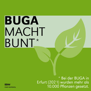 Grafik mit grünem Hintergrund, im Vordergrund steht mit weißer Schrift: BUGA macht bunt. Bei der BUGA in Erfurt (2021) wurden mehr als 10.000 Pflanzen gesetzt.