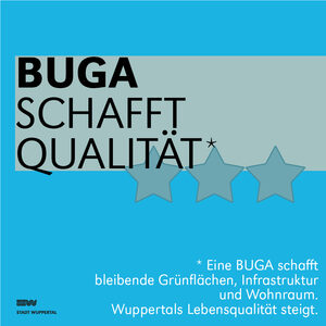 Grafik mit blauem Hintergrund, im Vordergrund steht mit weißer Schrift: BUGA schafft Qualität. Eine BUGA schafft bleibende Grünflächen, Infrastruktur und Wohnraum. Wuppertals Lebensqualität steigt.