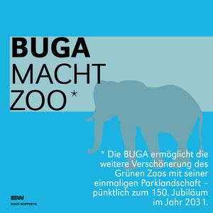 Grafik mit blauem Hintergrund, im Vordergrund steht mit weißer Schrift: BUGA macht Zoo. Die BUGA ermöglicht die weitere Verschönerung des Grünen Zoos mit seiner einmaligen Parklandschaft – pünktlich zum 150. Jubiläum im Jahr 2031.