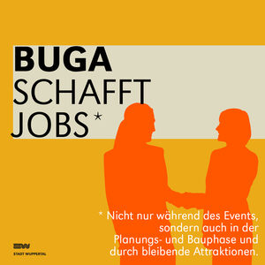 Grafik mit orangenem Hintergrund, im Vordergrund steht mit weißer Schrift: BUGA schafft Jobs. Nicht nur während des Events, sondern auch in der Planungs- und Bauphase und durch bleibende Attraktionen.