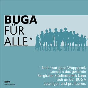 Grafik mit türkisem Hintergrund, im Vordergrund steht mit weißer Schrift: BUGA für alle. Nicht nur ganz Wuppertal, sondern das gesamte Bergische Städtedreieck kann sich an der BUGA beteiligen und profitieren.