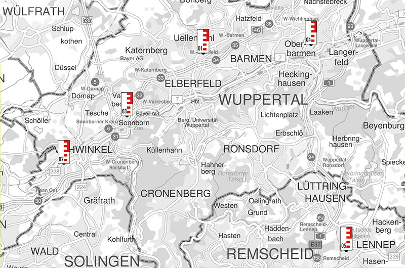 Übersichtskarte von Wuppertal mit den Standorten der Vermessungsbüros