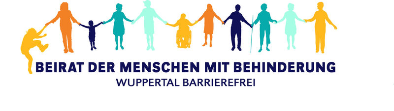Logo des Beirates der Menschen mit Behinderung. Zu sehen ist eine bunte Menschenkette von verschiedenen Menschen. Ein Mensch führt unter anderem einen Blindenstock, ein Mensch sitzt im Rollstuhl. Darüber hinaus sind noch weitere Menschen zu sehen. Alle Menschen halten sich an den Händen.