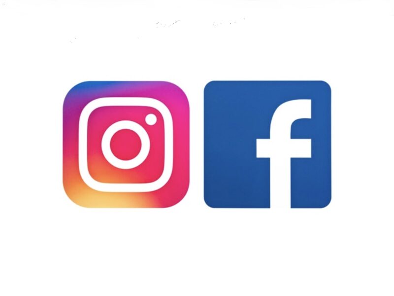 Zu sehen sind die Logos von Instagram (links) und Facebook (rechts). Das Instagram Logo ist ein Kamera Symbol und das Facebook Logo ein schlichtes, klein geschriebenes ,,f".