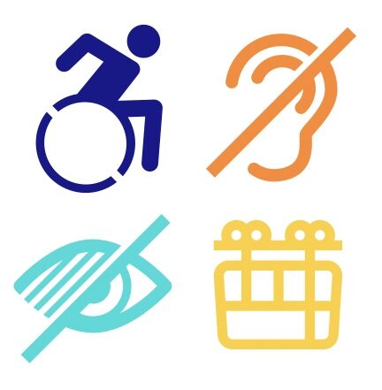 Zu sehen sind vier Symbole: ein Mensch im Rollstuhl, ein Symbol für eine Hörbeeinträchtigung, ein Symbol für eine Sehbeeinträchtigung und ein Symbol für die Schwebebahn.