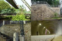 Kollage aus Brücke, Stützmauer, Treppe und Tunnelportal