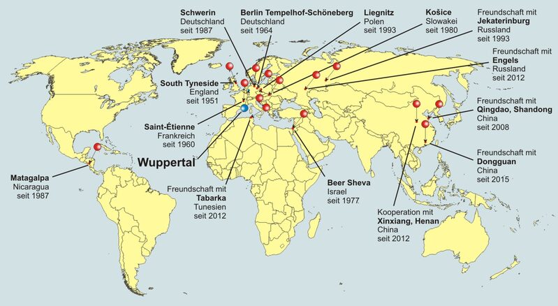 Weltkarte mit Kennzeichnung von Wuppertals Partnerstädten.