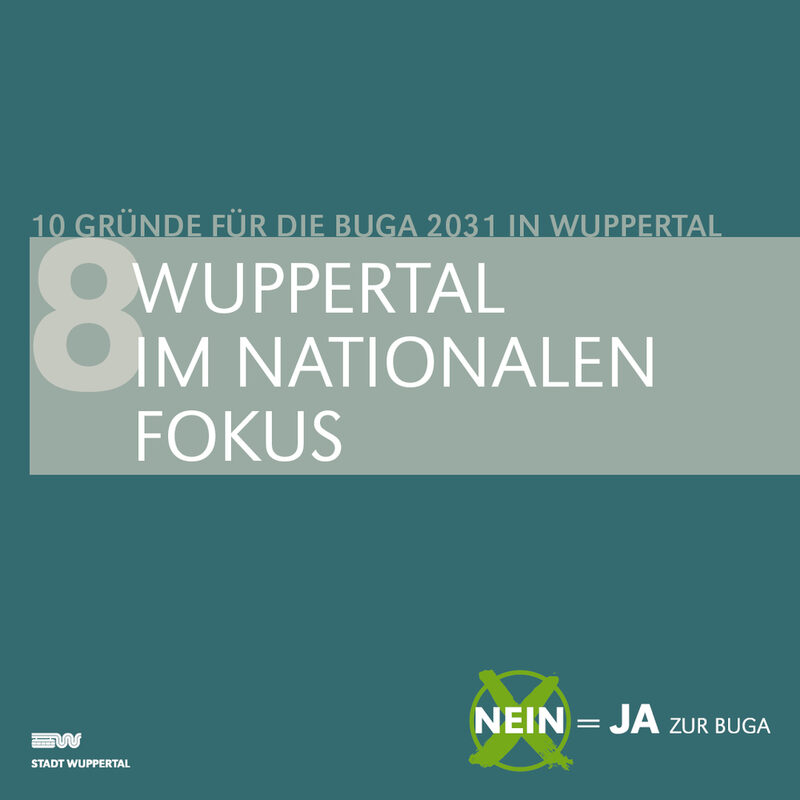 Grafik mit petrolfarbenem Hintergrund, im Vordergrund steht mit weißer Schrift: Wuppertal im nationalen Fokus