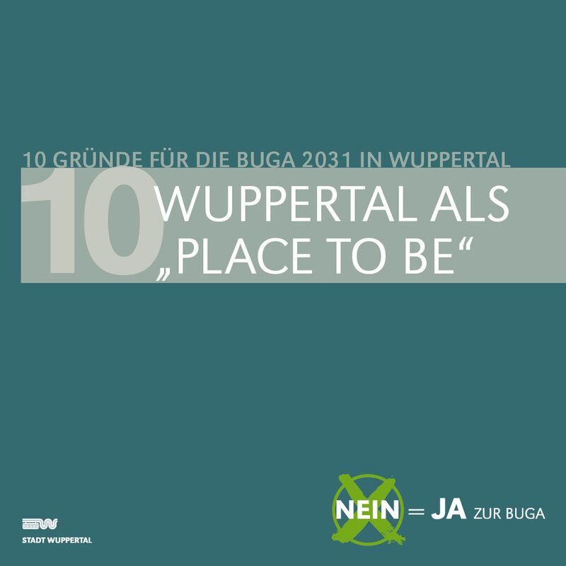 Grafik mit petrolfarbenem Hintergrund, im Vordergrund steht mit weißer Schrift: Wuppertal als "place to be"